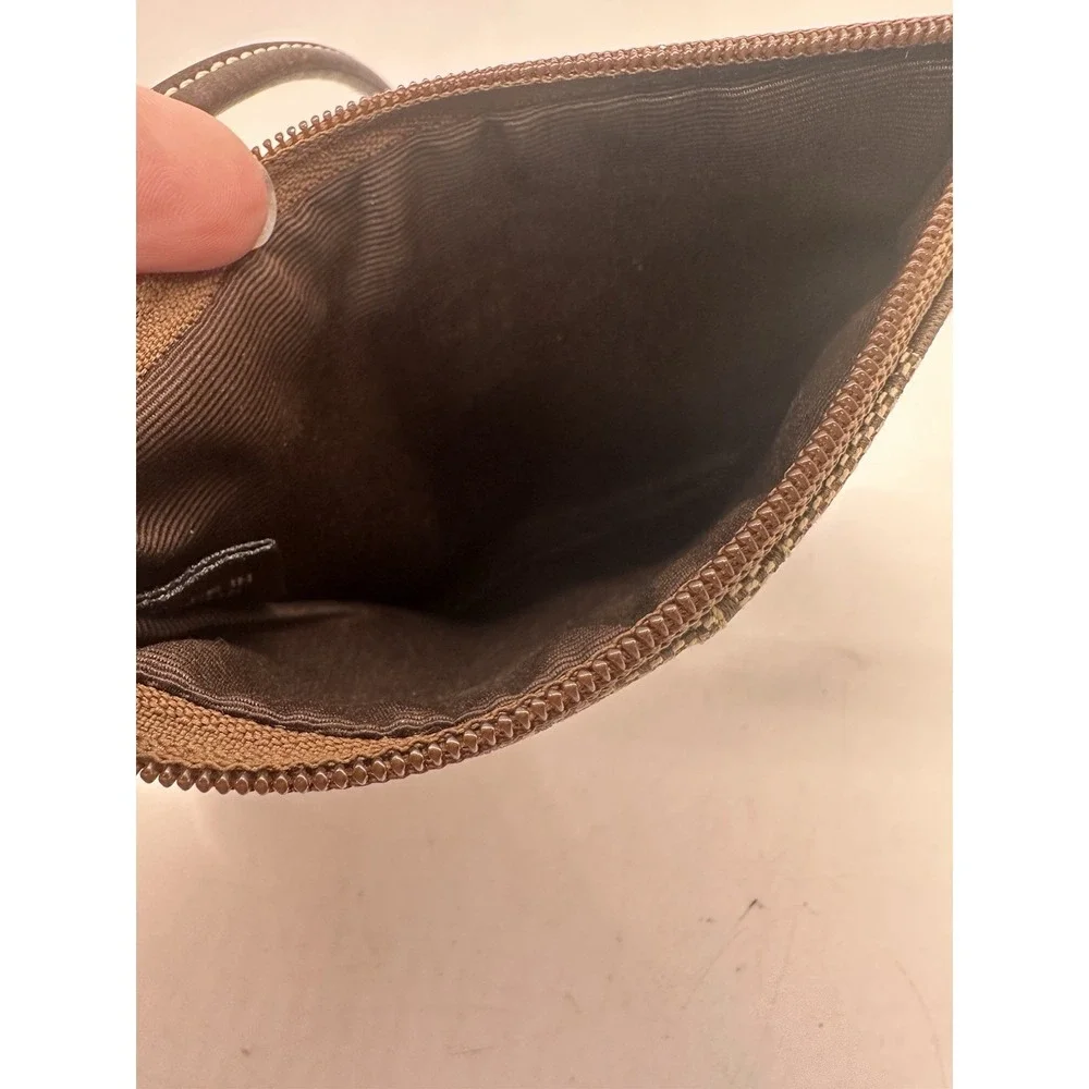 Coach Signature Jacquard Wristlet Brown Khaki Small Zip Pouch‎ EUC